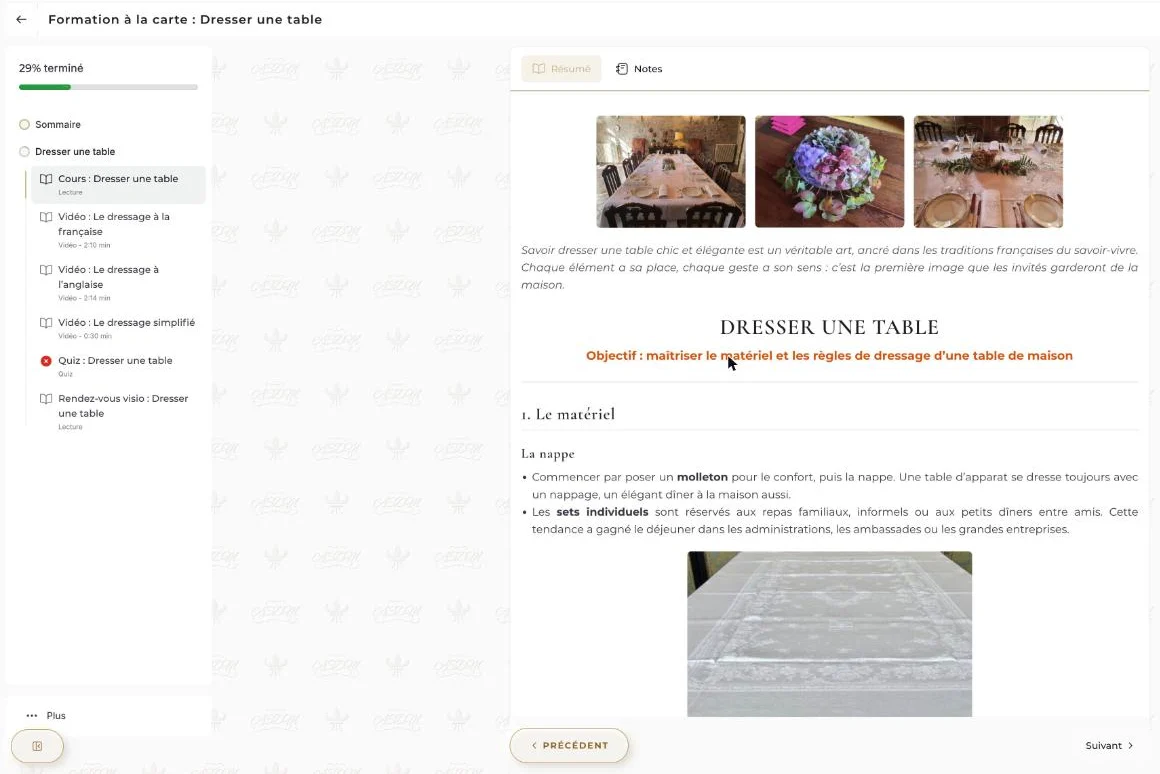 Exemple de cours illustré dans l'espace apprenant