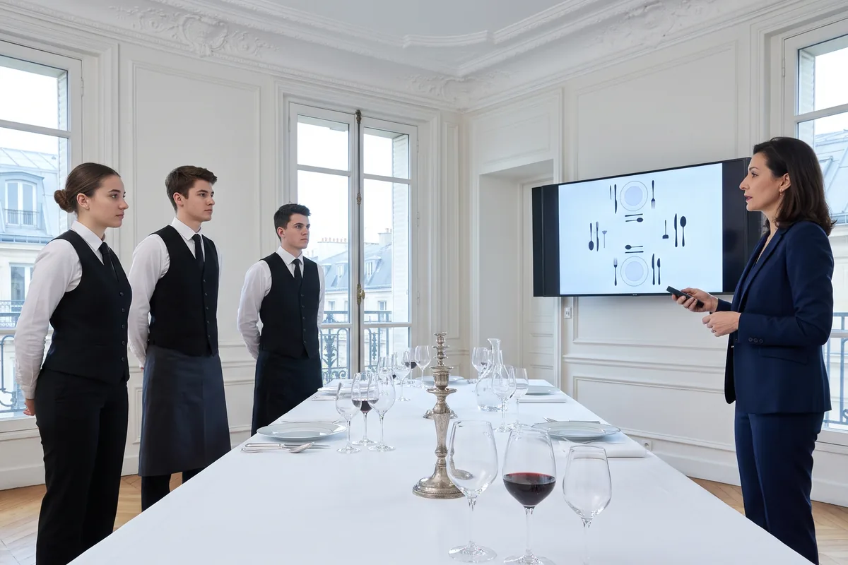Formation à Paris : dans un salon haussmannien avec vue sur les toits, la formatrice présente le protocole et le dressage d'une table à la française sur un écran à trois élèves en tenue de service