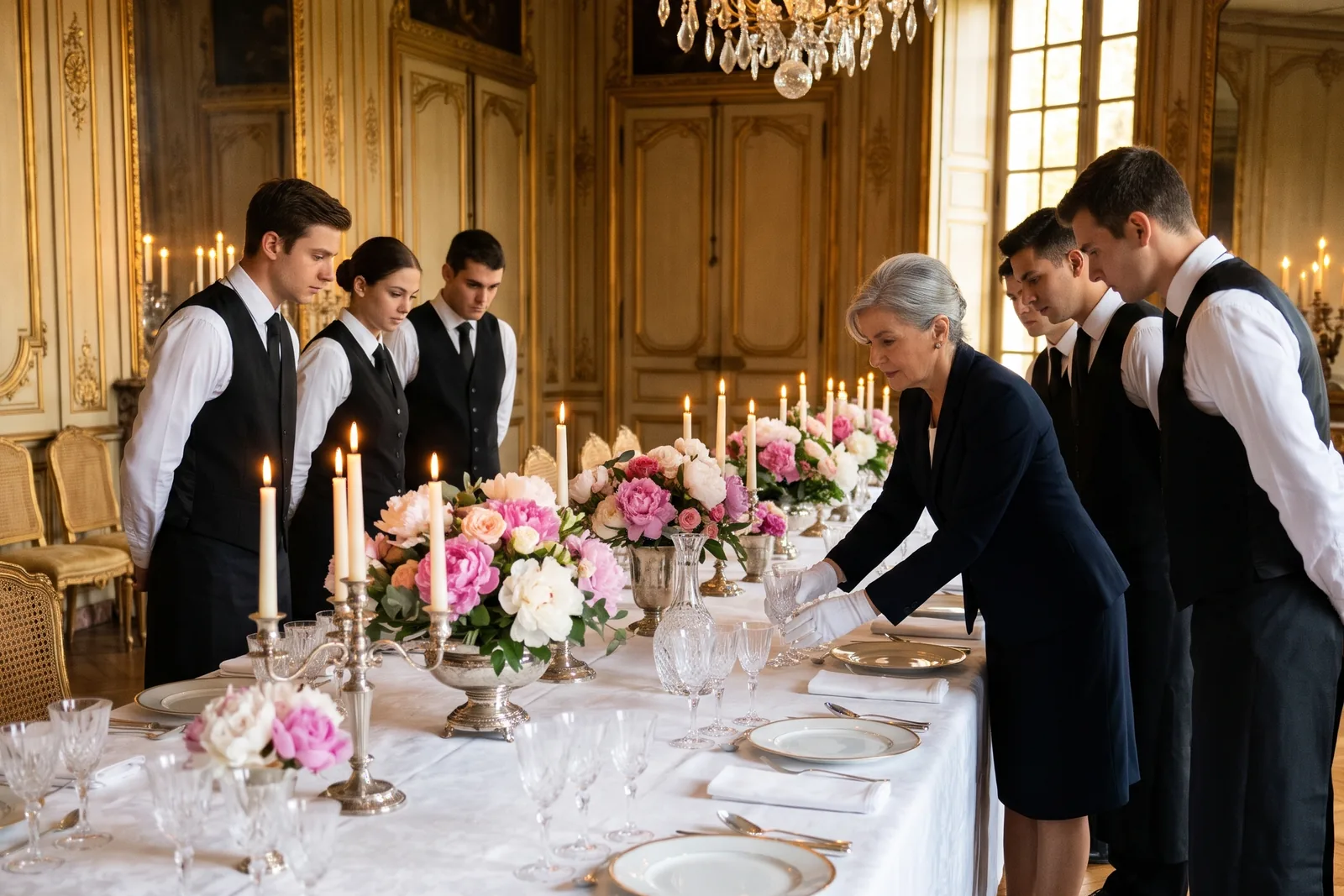 Session de formation en château : la formatrice ajuste un verre en cristal devant six élèves en tenue de service, autour d’une table dressée à la française ornée de pivoines et de chandeliers en argent