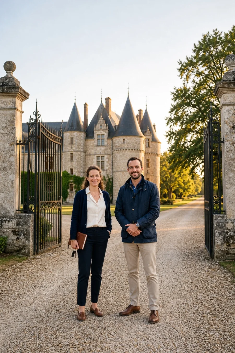 Couple de gardiens souriants devant la grille ouverte d'un château, au bout d'une allée de gravier