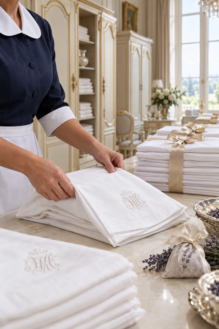 Gouvernante pliant du linge brodé dans la lingerie d'une Maison de Maître